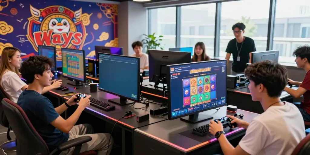 Teman-teman bermain Mahjong slot dengan senyuman dan kebahagiaan di ruang permainan modern.