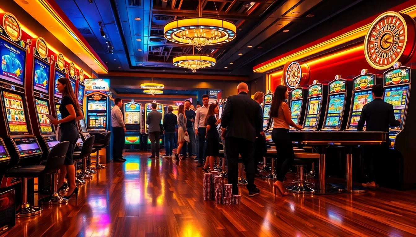 Experience the excitement of idnslot as a vibrant casino scene unfolds with dazzling slot machines and lively gamblers.