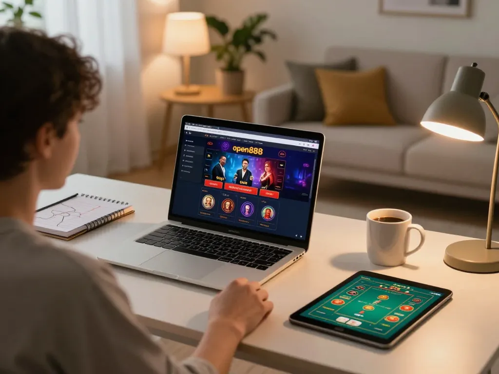 Engaging user plays on open888 casino interface at home, showcasing vibrant online gaming