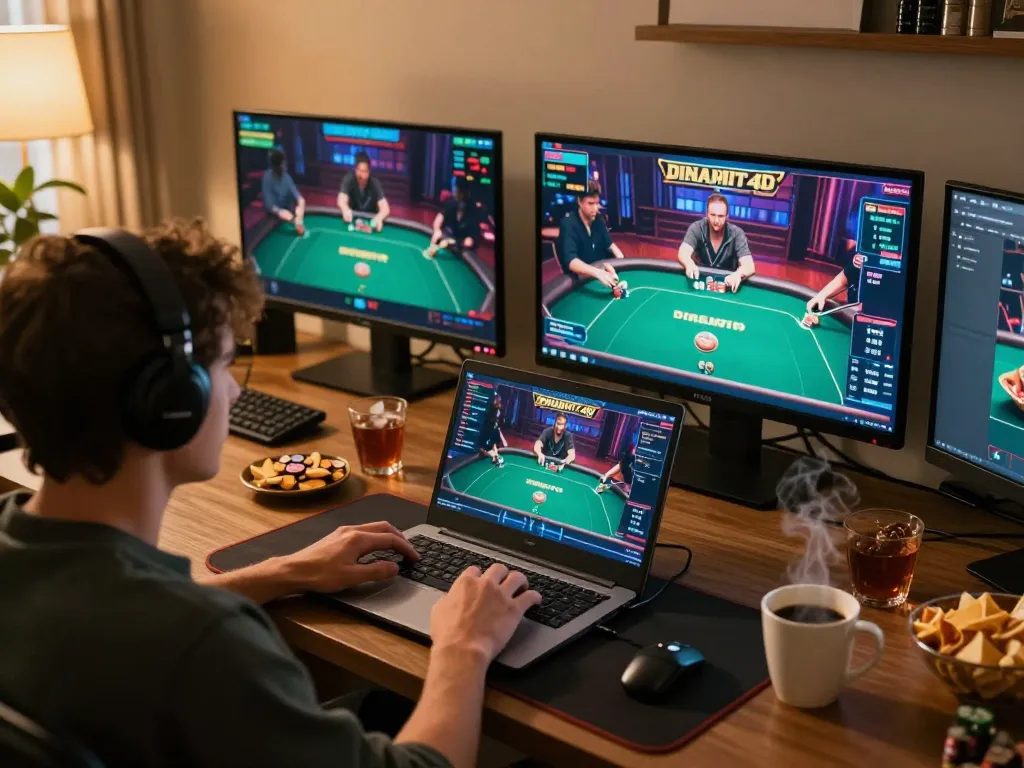 Engaging in dinamit4d gameplay on a stylish laptop at home, highlighting online casino experience.