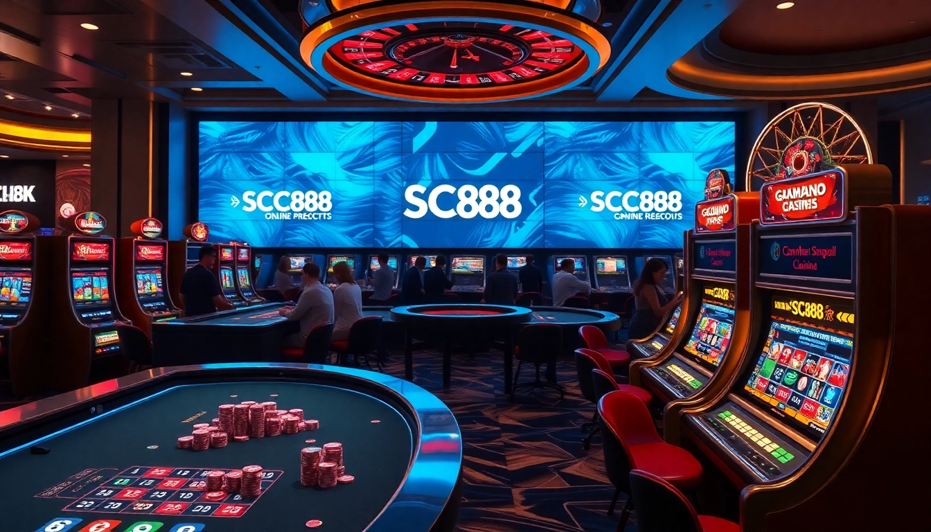Players engaging at SC88 LINK casino tables, enjoying thrilling gaming experiences with vibrant lights.