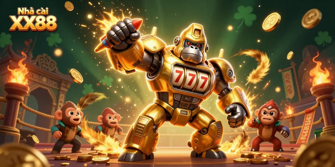 Engage with Nhà cái XX88's thrilling 3D mech casino illustration showcasing explosive gaming excitement.
