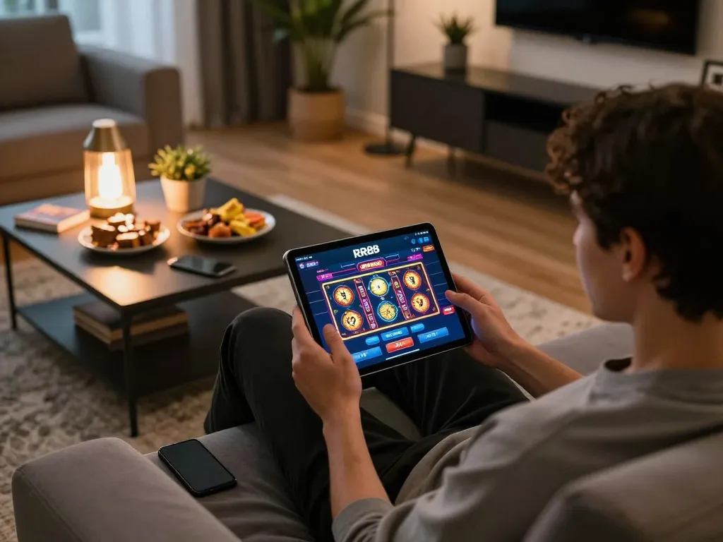 Using the RR88 App to strategize online gambling while relaxing at home with snacks.