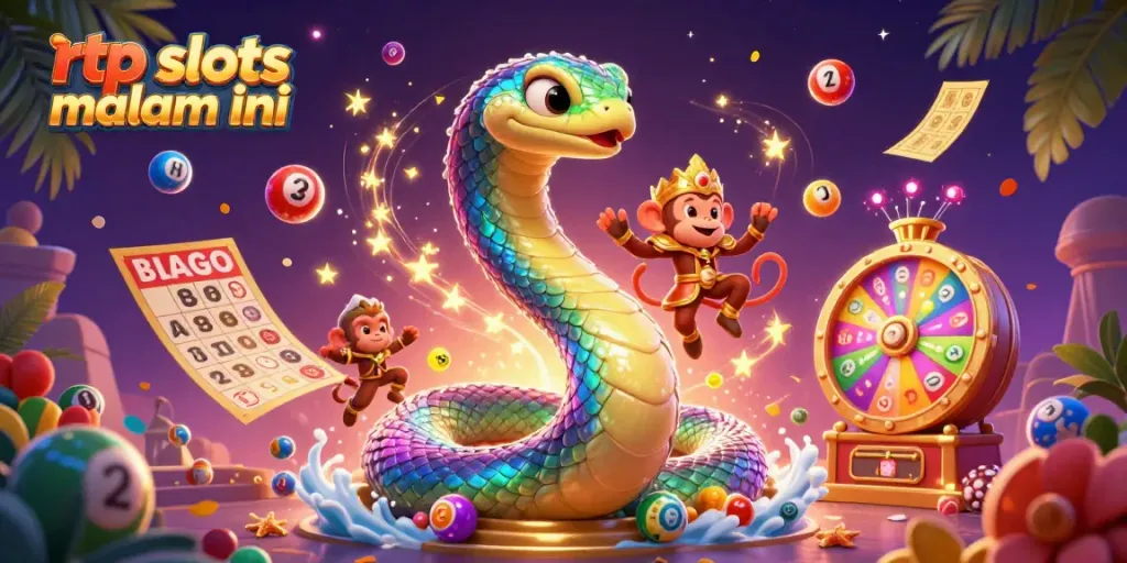 Experience rtp slots malam ini with vibrant 3D illustration of a colorful casino scene featuring games and characters