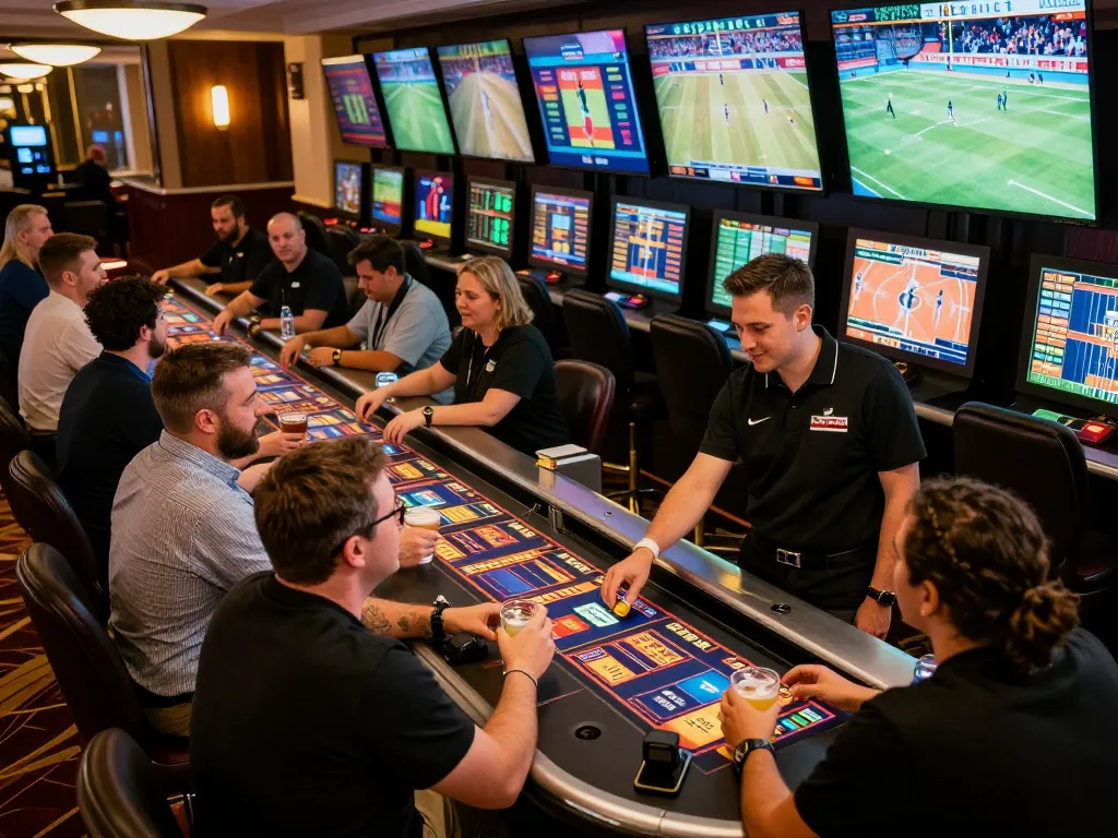 Engaged fans placing bets at a sports betting area while enjoying the gaming atmosphere at ทางเข้า m104 casino.