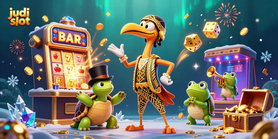 Engage with judi slot excitement as slot machines erupt with coins and vibrant symbols amidst lively characters.
