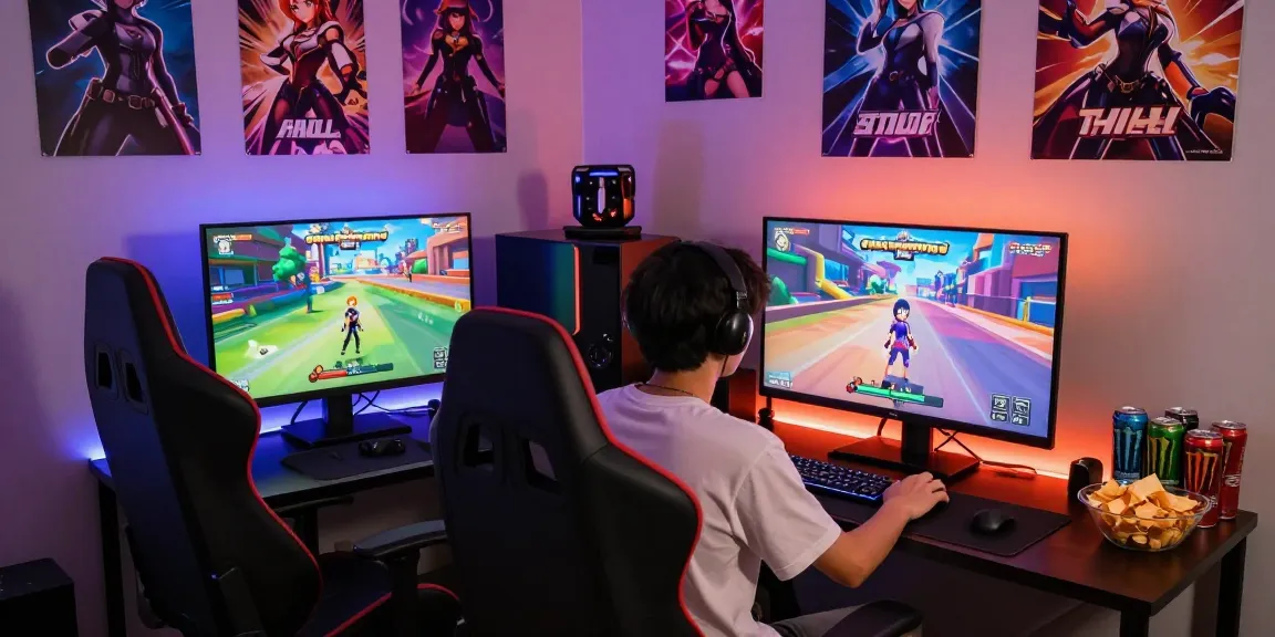 Player engaging in an ecchi game on a vibrant gaming setup, showcasing dynamic characters and cozy room vibes.