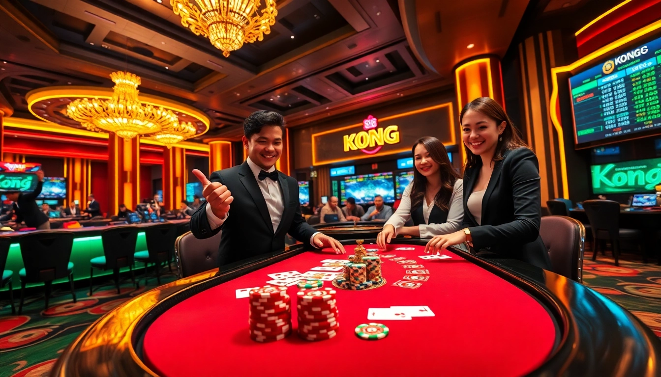 Experience the excitement of KONG 88 at a dazzling poker table with vibrant chips and cards.