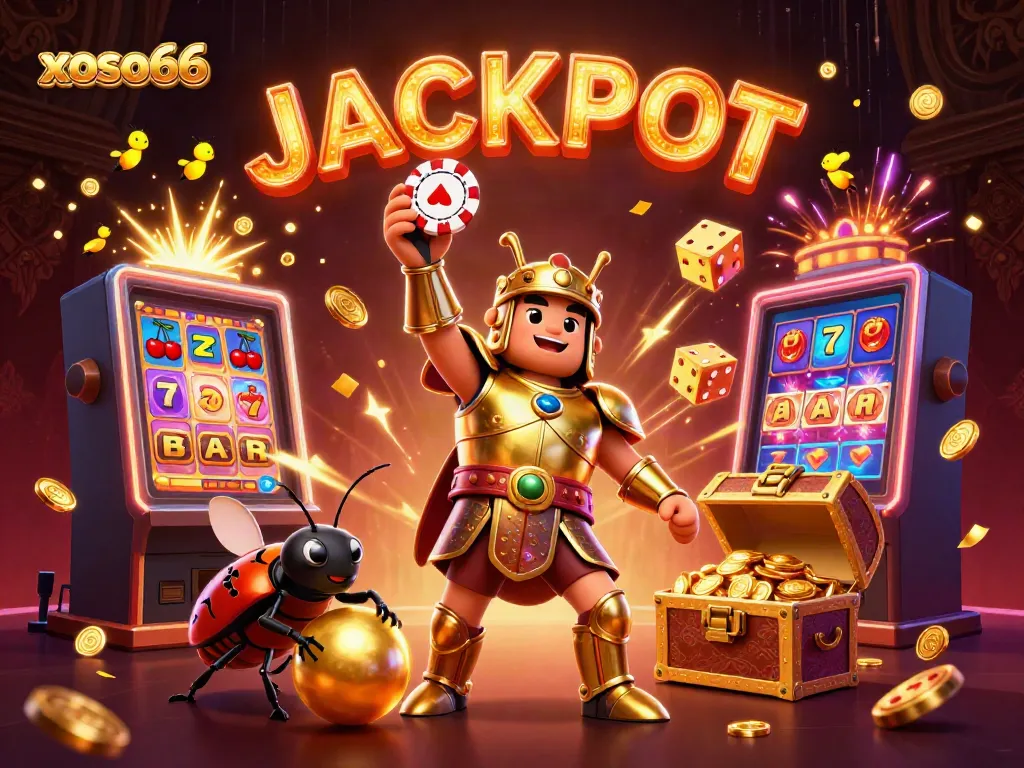 Engage with xoso66 in a dynamic scene featuring beetles celebrating a jackpot amidst vibrant casino elements.
