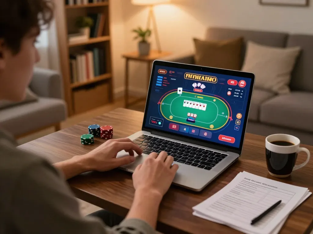 Engaging in online casino gameplay at home with i9BET, showing poker game interface.