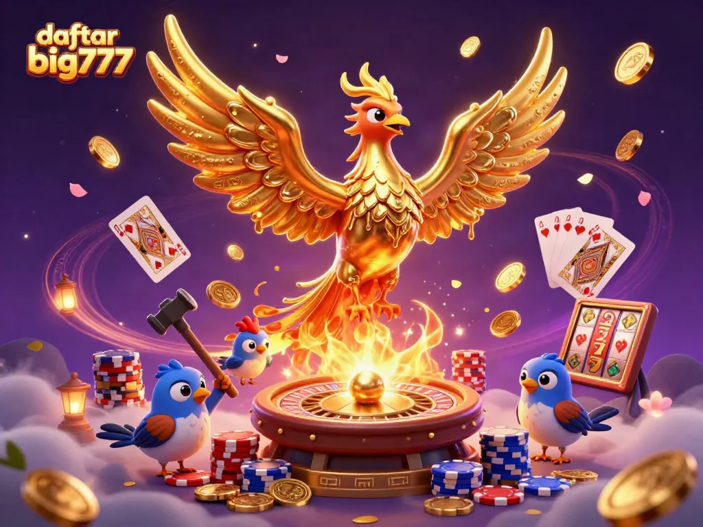 Immerse in daftar big777 gaming with a vibrant, dynamic casino scene filled with golden coins and lucky symbols.