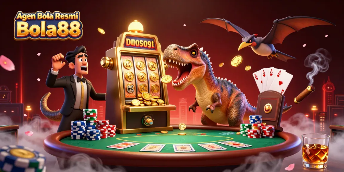 Agen Bola Resmi Bola88 showcases a dinosaur-themed casino scene with a golden slot machine winning coins.
