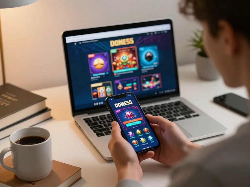 Player enjoying done55 on smartphone at home desk, showcasing responsible gaming.
