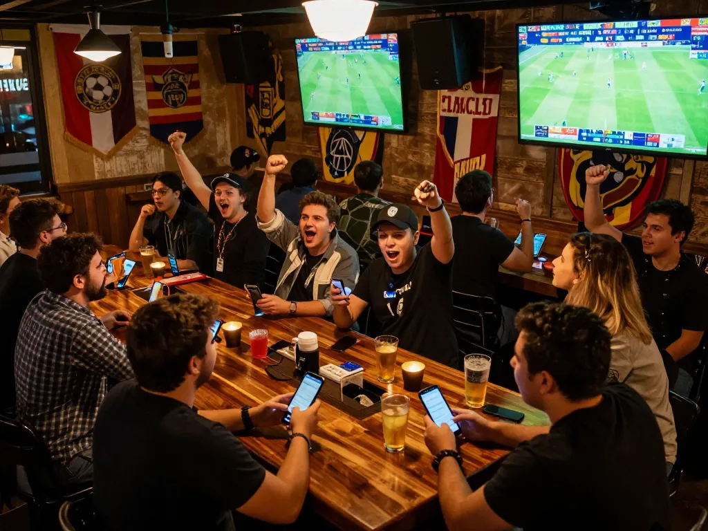 Kết quả bóng đá live action at an energetic sports bar with fans celebrating winnings