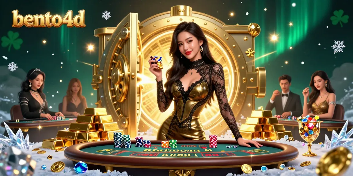 Rasakan permainan taruhan tinggi di bento4d dengan adegan baccarat yang glamor menampilkan chip emas.