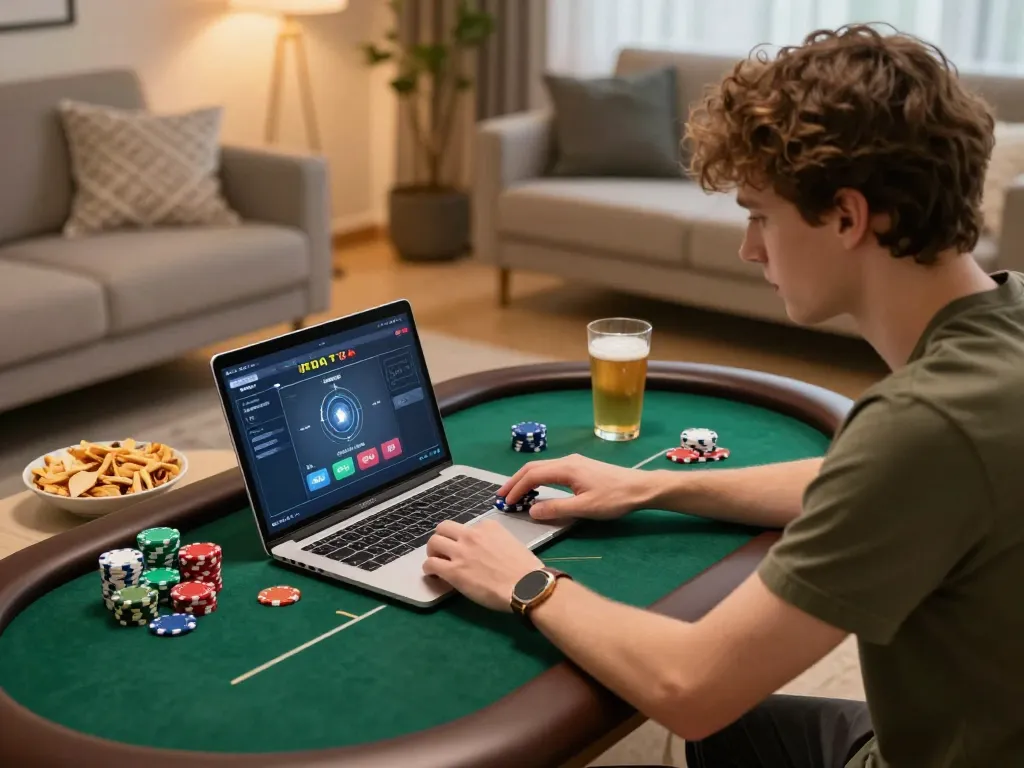 Engage in kp88 đăng ký while enjoying online poker in a cozy home setting with snacks and warm lighting.