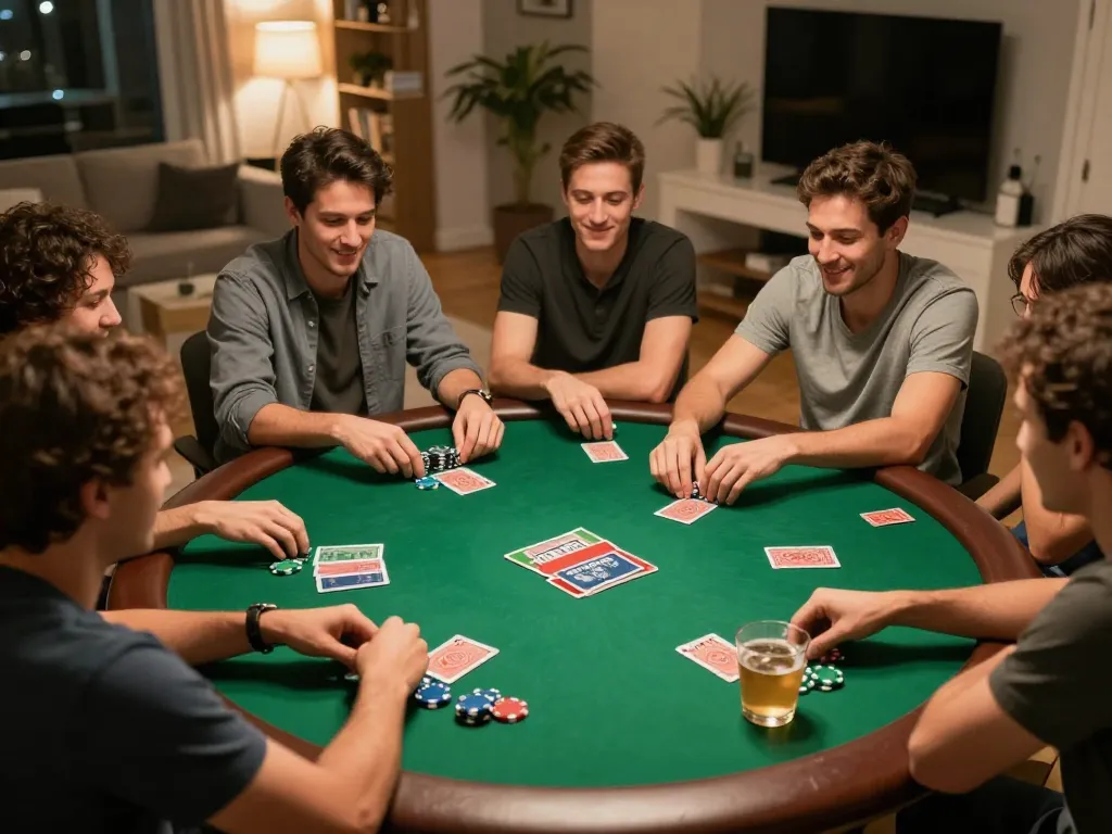 Players enjoying intense poker game during a home night with TG88 casino atmosphere and lively interactions.