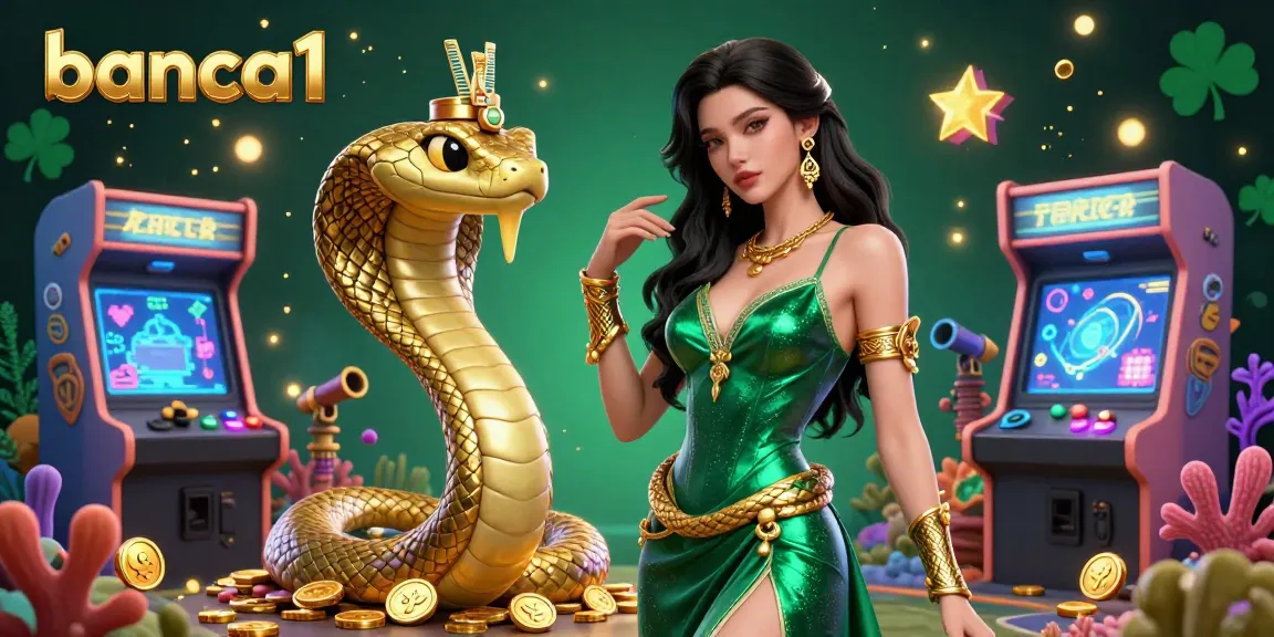 banca1 features a captivating scene with a shimmering woman, golden cobra, and immersive gaming elements in a vibrant underwater casino setting.