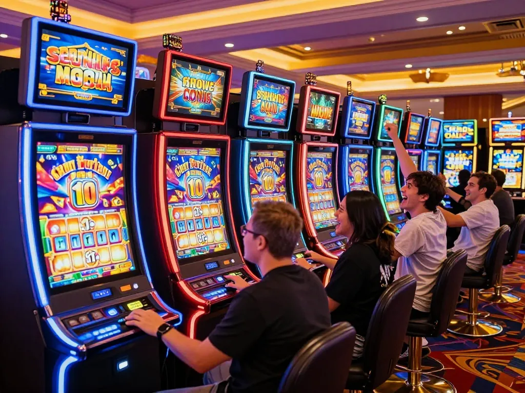 Players celebrating wins at vibrant slot machines, capturing the excitement of casino gaming.