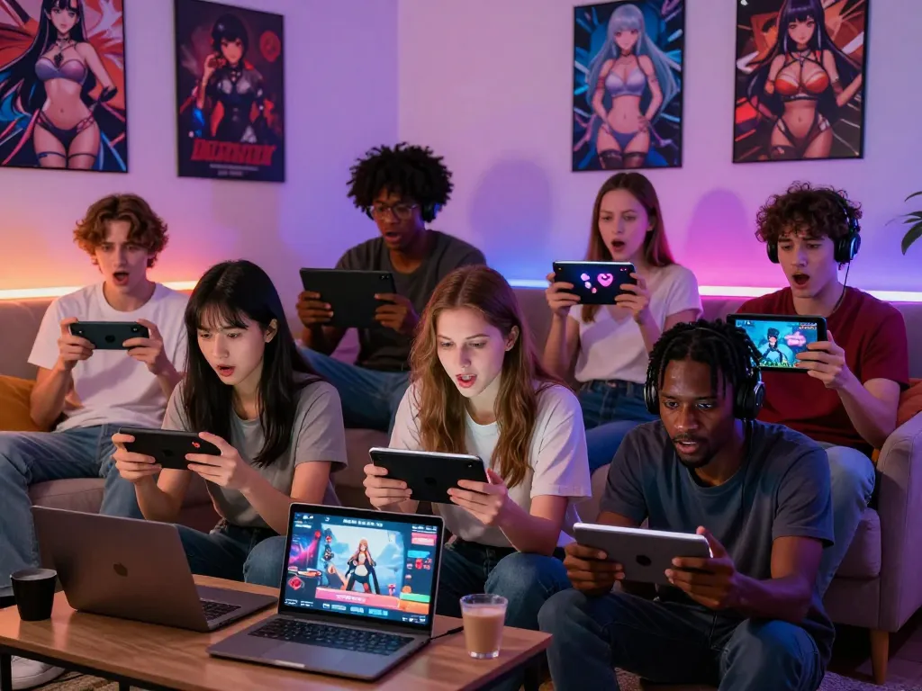Players immersed in porngames on devices in a cozy living room, showcasing diverse genres and emotional reactions.