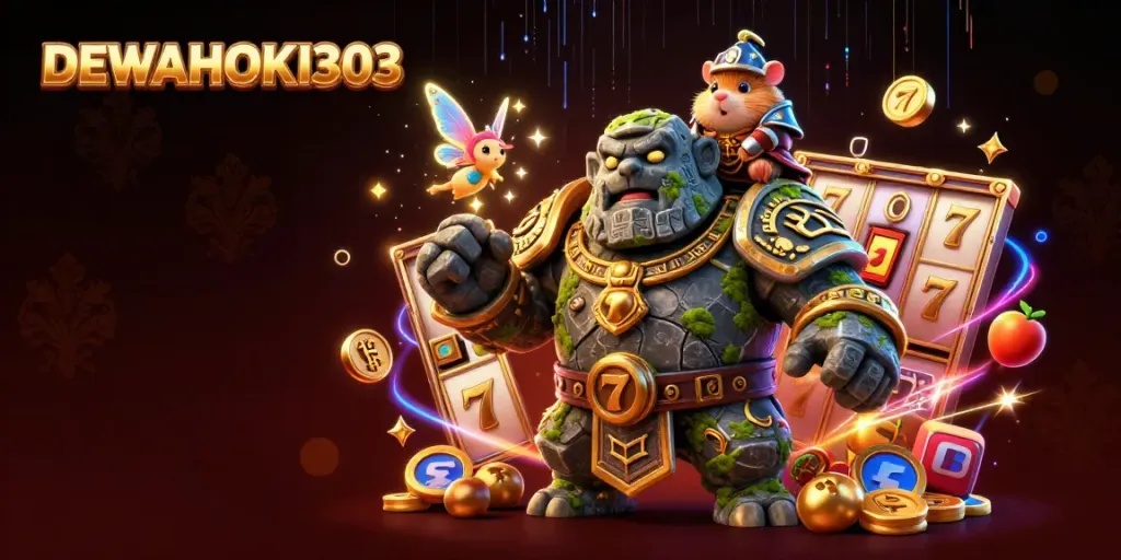 DEWAHOKI303 menunjukkan slot online dengan golem 3D, peri, dan ksatria hamster.
