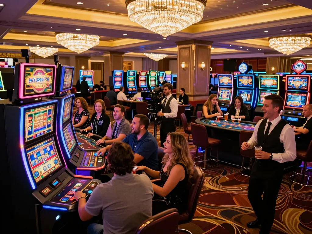 Experience thrilling gameplay at MM88's vibrant casino floor, with players engaged at slot machines.