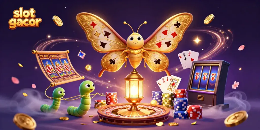 Experience slot gacor magic with a vibrant 3D illustration of moths and casino elements.