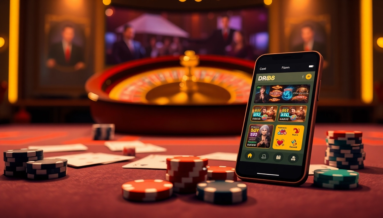 Engage in elite gambling experiences with the DR88 app mobile interface on a luxury casino table.
