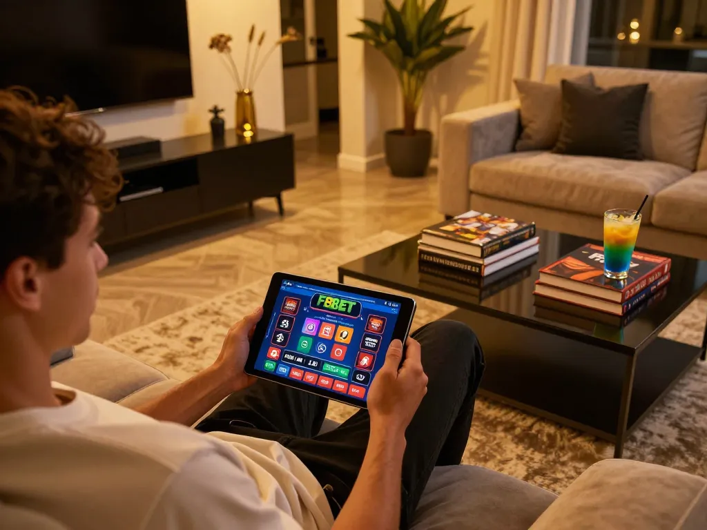 Engaging with F8BET online gaming, showcasing player enjoying tablet with warm cozy decor