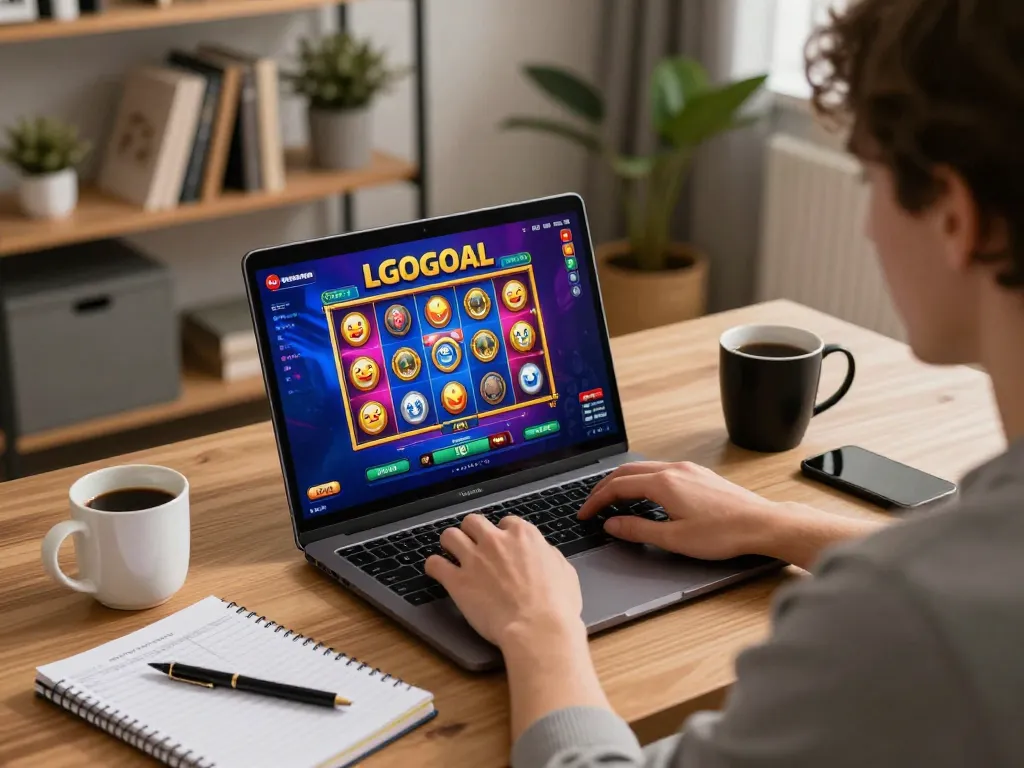 Engaged player analyzing LGOGOAL strategies while using a laptop in a cozy home setup.