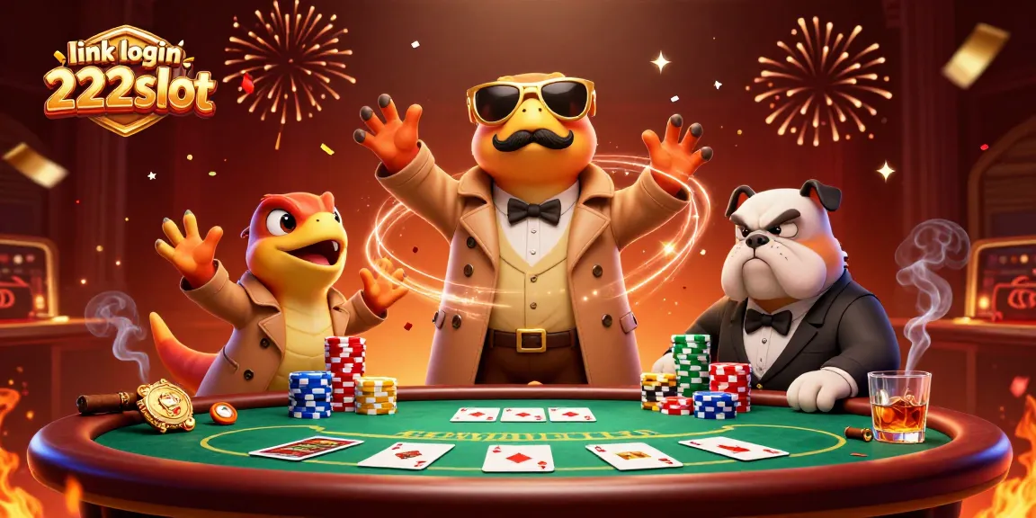 Masuki kasino VIP dengan link login 222slot, dikelilingi poker chips dan kartu.