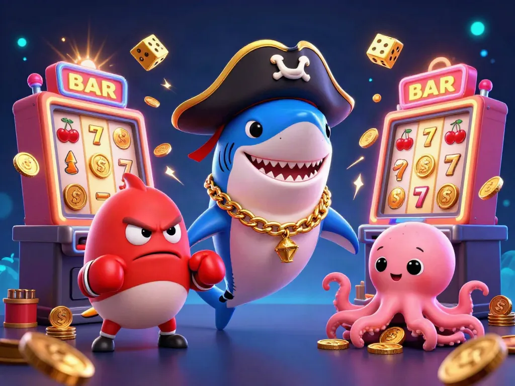 Experience Balislot excitement with a pirate shark, pufferfish, and octopus amid vibrant casino elements.