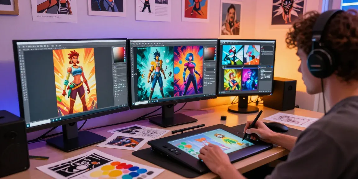 Creating stunning NSFW AI art in a vibrant digital studio with multiple monitors and artistic tools.