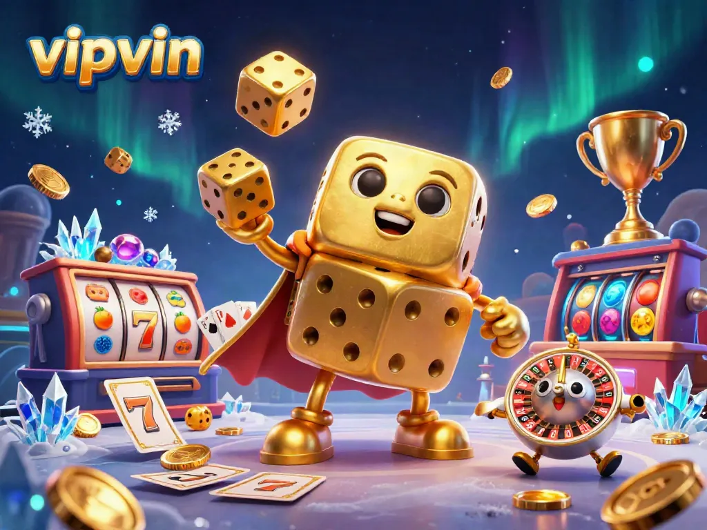 Experience the thrilling game atmosphere with vipvin's lively golden dice golem, juggling jackpots and slot reels.