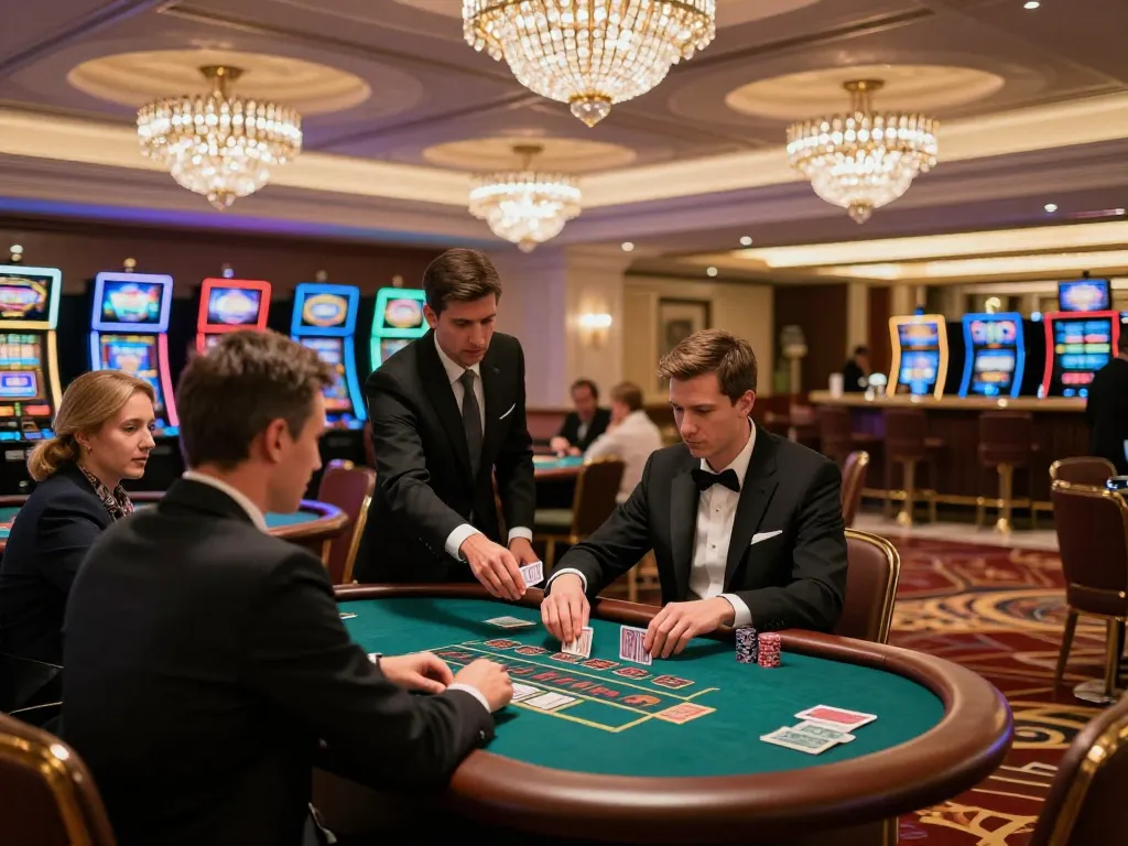 Engaged players at a baccarat table checking keluaran sgp amidst an elegant casino atmosphere with vibrant lighting.