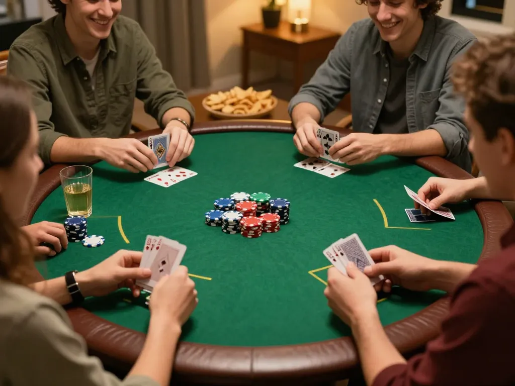 Teman-teman terlibat dalam permainan poker strategis di rumah dengan AIR123, menampilkan chip dan kartu.