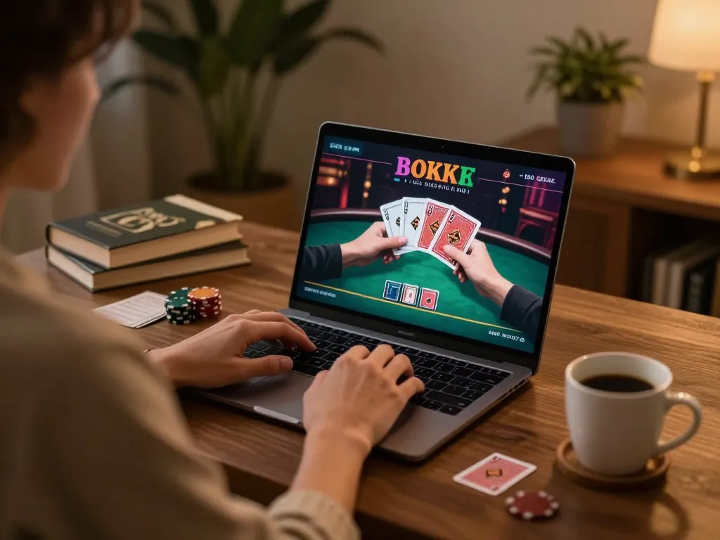Gambling on goal123.ac, enjoying poker online from a cozy home setup with warm lighting.