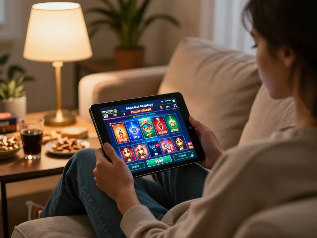 Engaging with South African Online Casinos through an online tablet in a cozy home environment.
