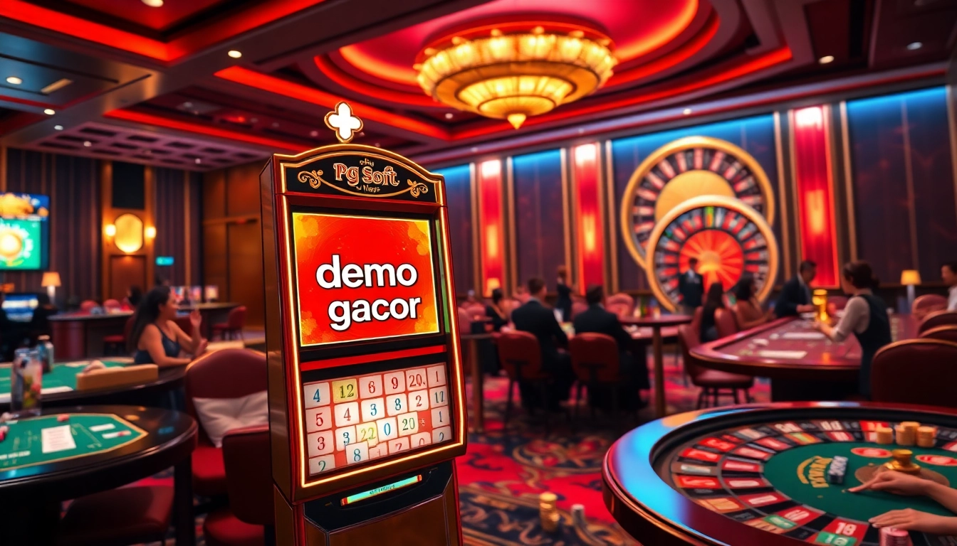 Experience the thrill of demo gacor with a vibrant PG Soft Mahjong Ways slot machine in an upscale casino setting.
