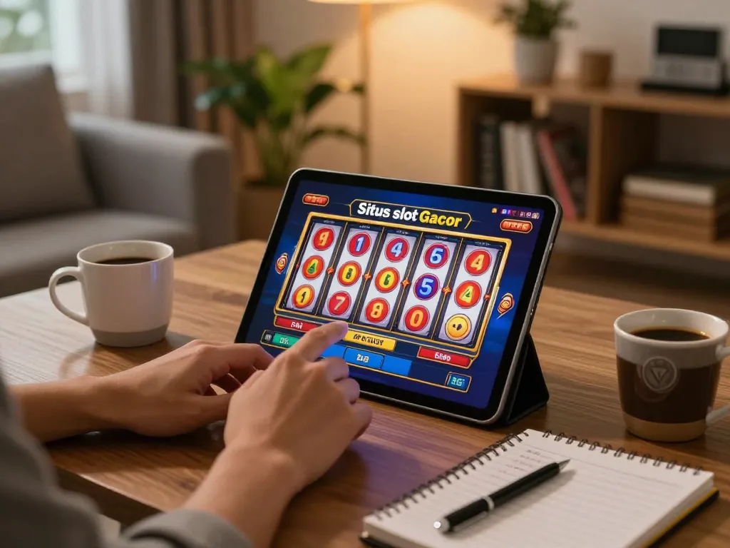 Enjoying situs slot gacor gameplay on a tablet in a cozy home setting with strategic notes.