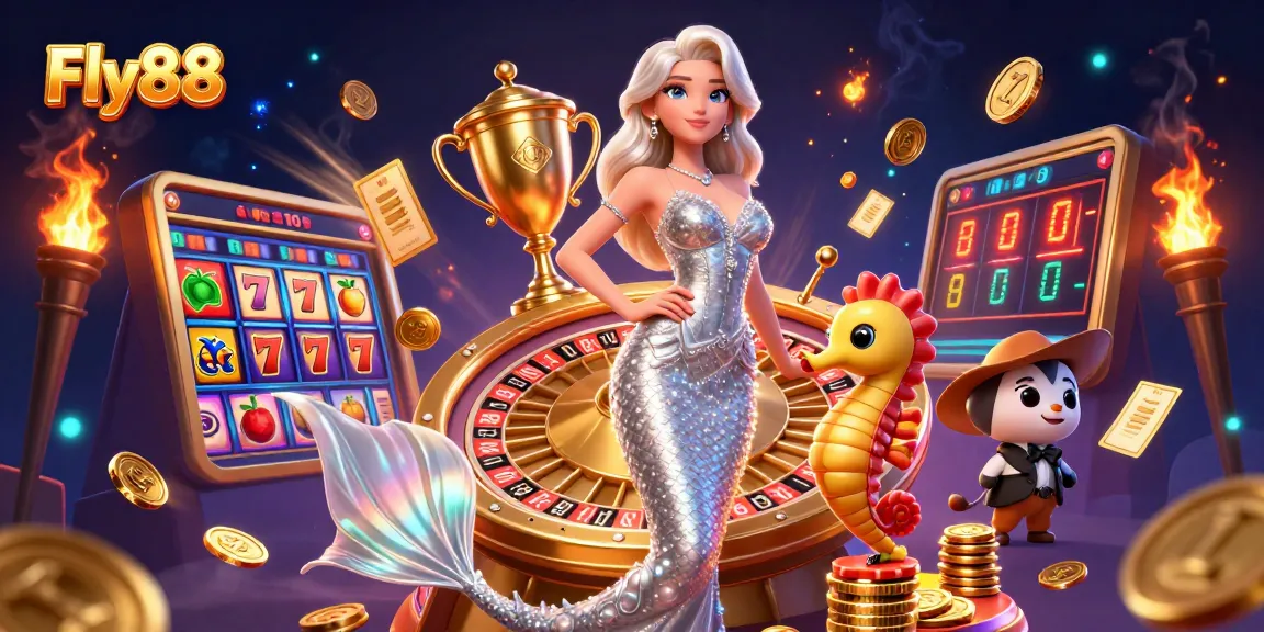 Engage in thrilling gameplay with Fly88's unique 3D casino illustration featuring lively slot reels.