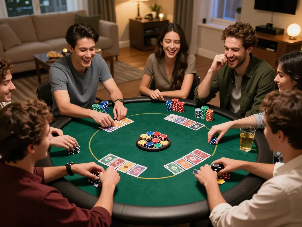 Friends enjoying a lively poker game in their cozy home, showcasing the interactive experience with dh88.