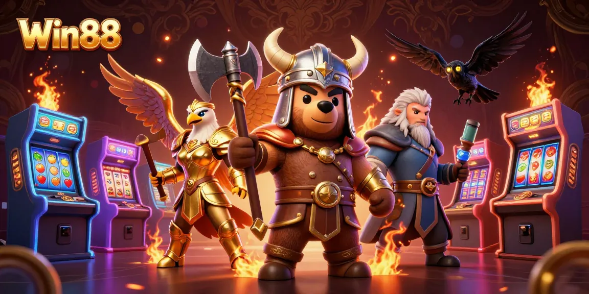 Win88 slots adventure with a Viking bear and Valkyrie eagle amidst colorful casino game elements.