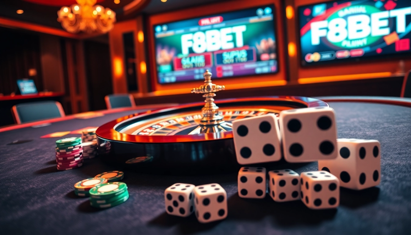 Experience F8BET's thrilling casino atmosphere with vibrant poker chips and high-stakes action.