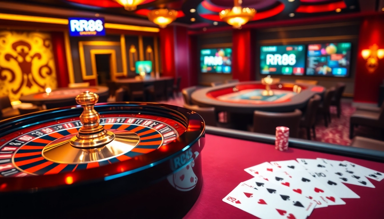 RR88 celebrates thrilling gameplay at a vibrant casino with roulette, poker, and lively ambiance.