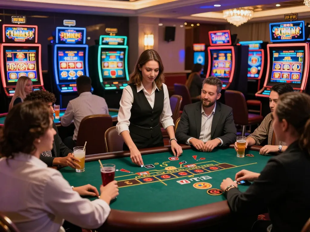 Exciting scene at nk88com online casino with players enjoying live games and slot machines in a vibrant lounge atmosphere.