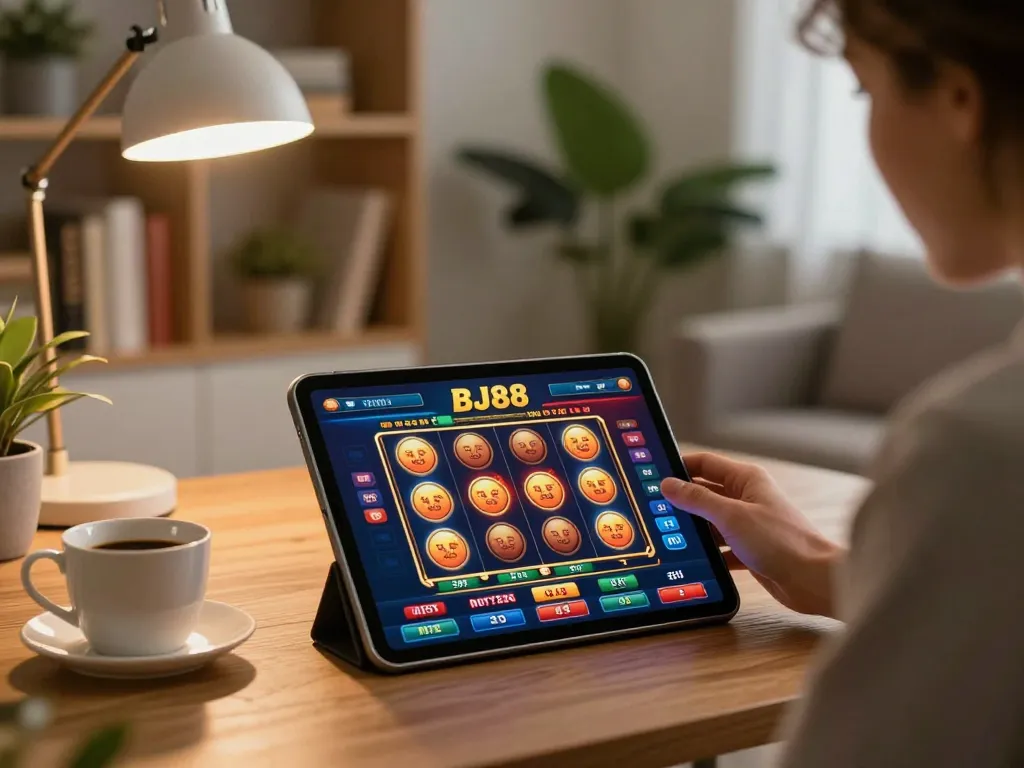 Player enjoying an engaging slot game on BJ88's platform while relaxing at home.