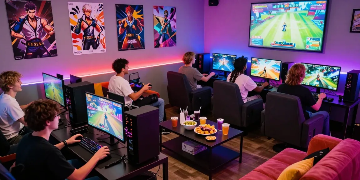 Group of friends enjoying gay ecchi games in a colorful gaming lounge, showcasing excitement and community.