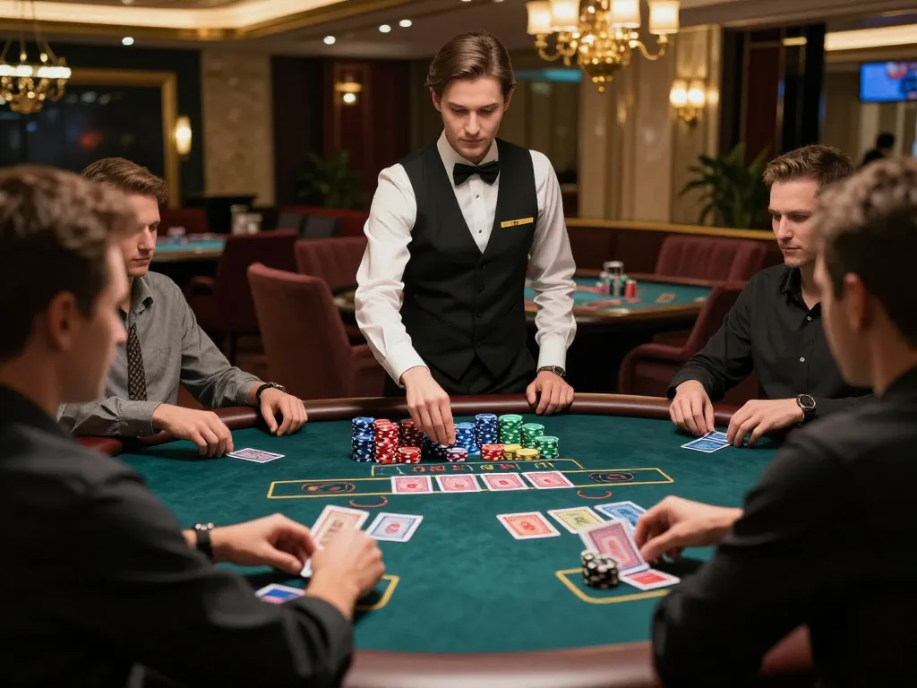 Pemain yang merencanakan strategi di meja blackjack di kasino mewah, menampilkan tumpukan chip websitedevuk dan suasana profesional.