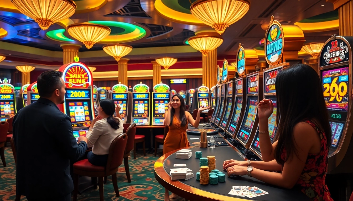 A joyful scene at a situs judi slot with players celebrating wins at colorful slot machines and vibrant casino decor.